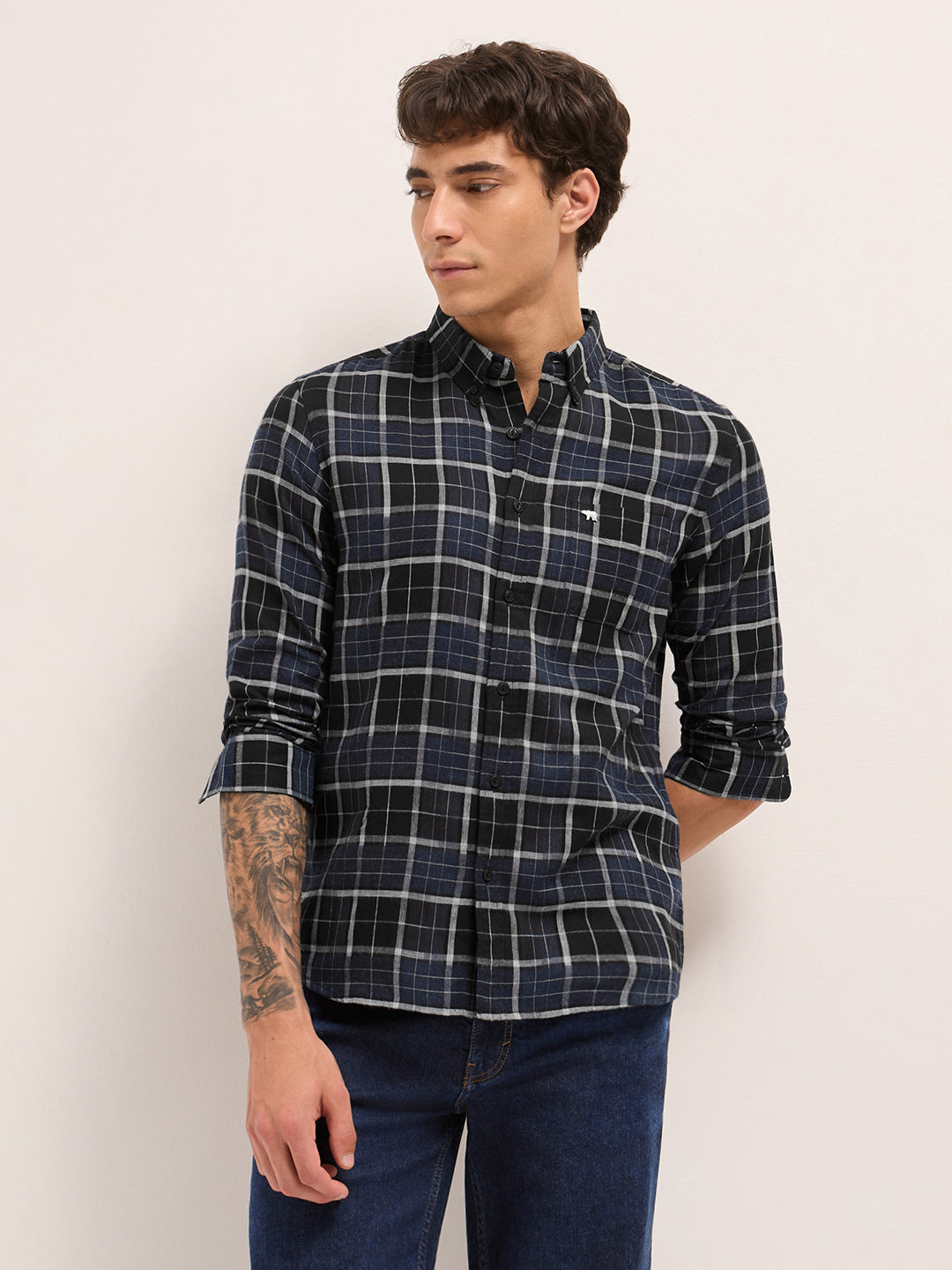 Blue & Black Woven Check Slim Fit Casual Shirt