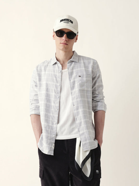 Grey Herringbone Checked Slim Fit Casual Shirt