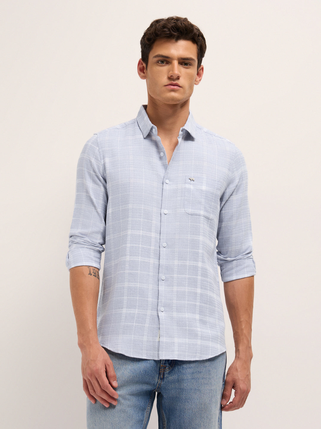 Blue Herringbone Check Slim Fit Casual Shirt
