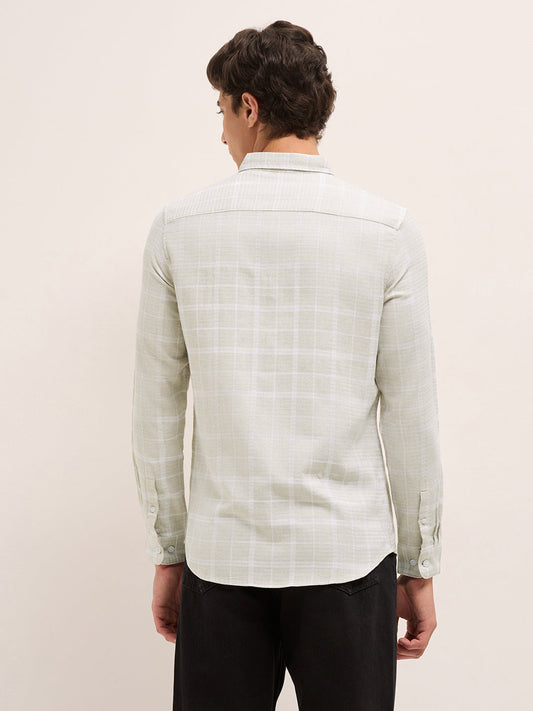 Cream Herringbone Check Slim Fit Casual Shirt