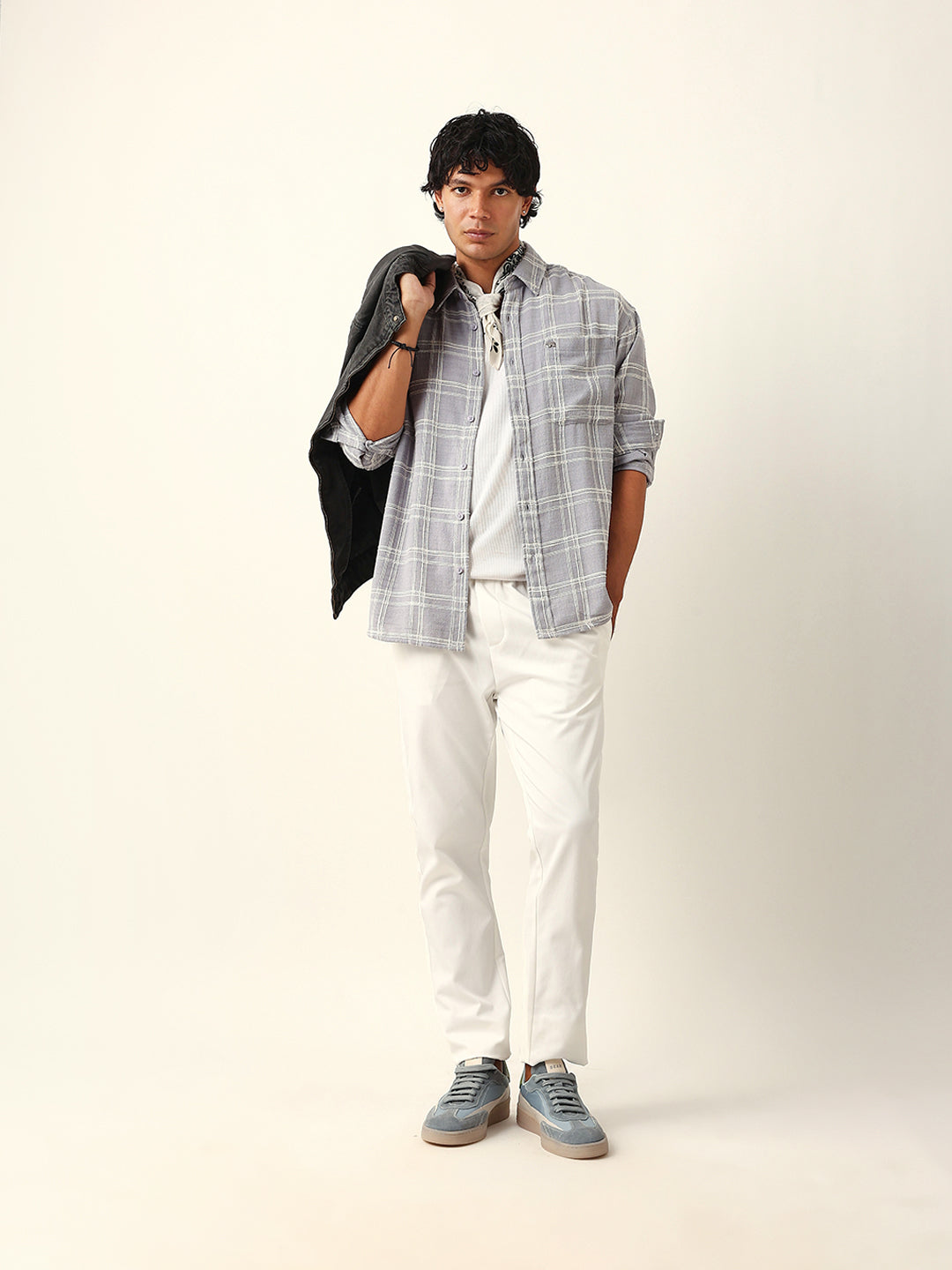Light Blue Woven Textured Checked Relax Fit Overshirt