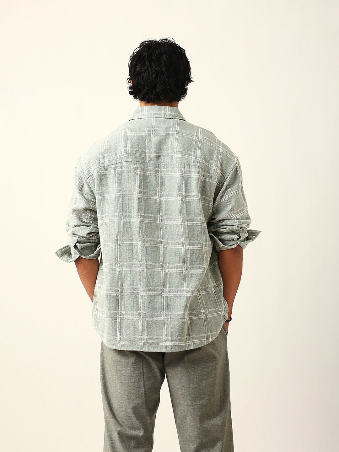 Sage Green Woven Textured Checked Relaxed Fit Overshirt