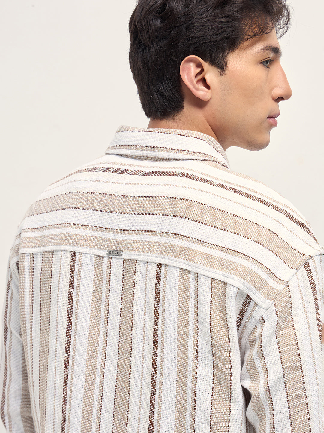 White and Beige Woven Vertical Stripe Relaxed Fit Overshirt