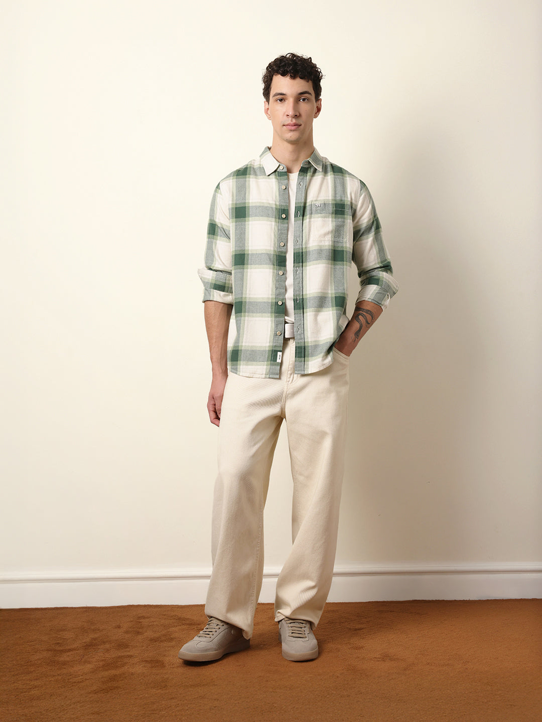 Green & Cream Checked Flannel Regular Fit Casual Shirt