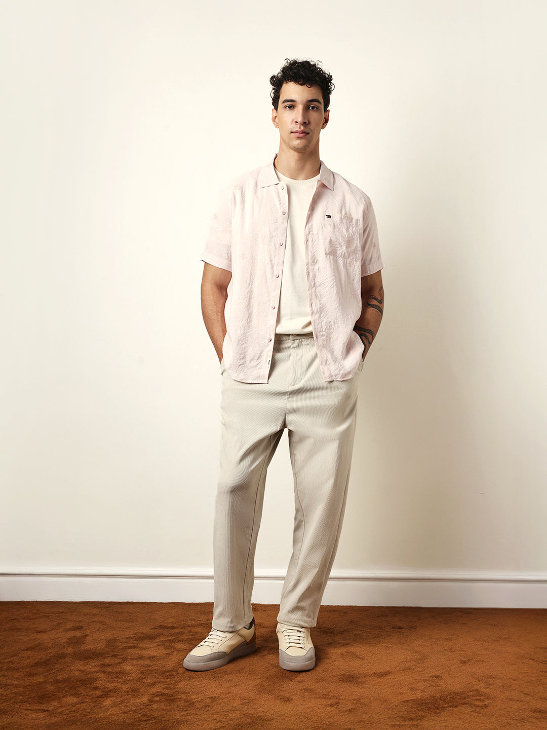 Light Pink Embroidered Motif Regular Fit Casual Shirt