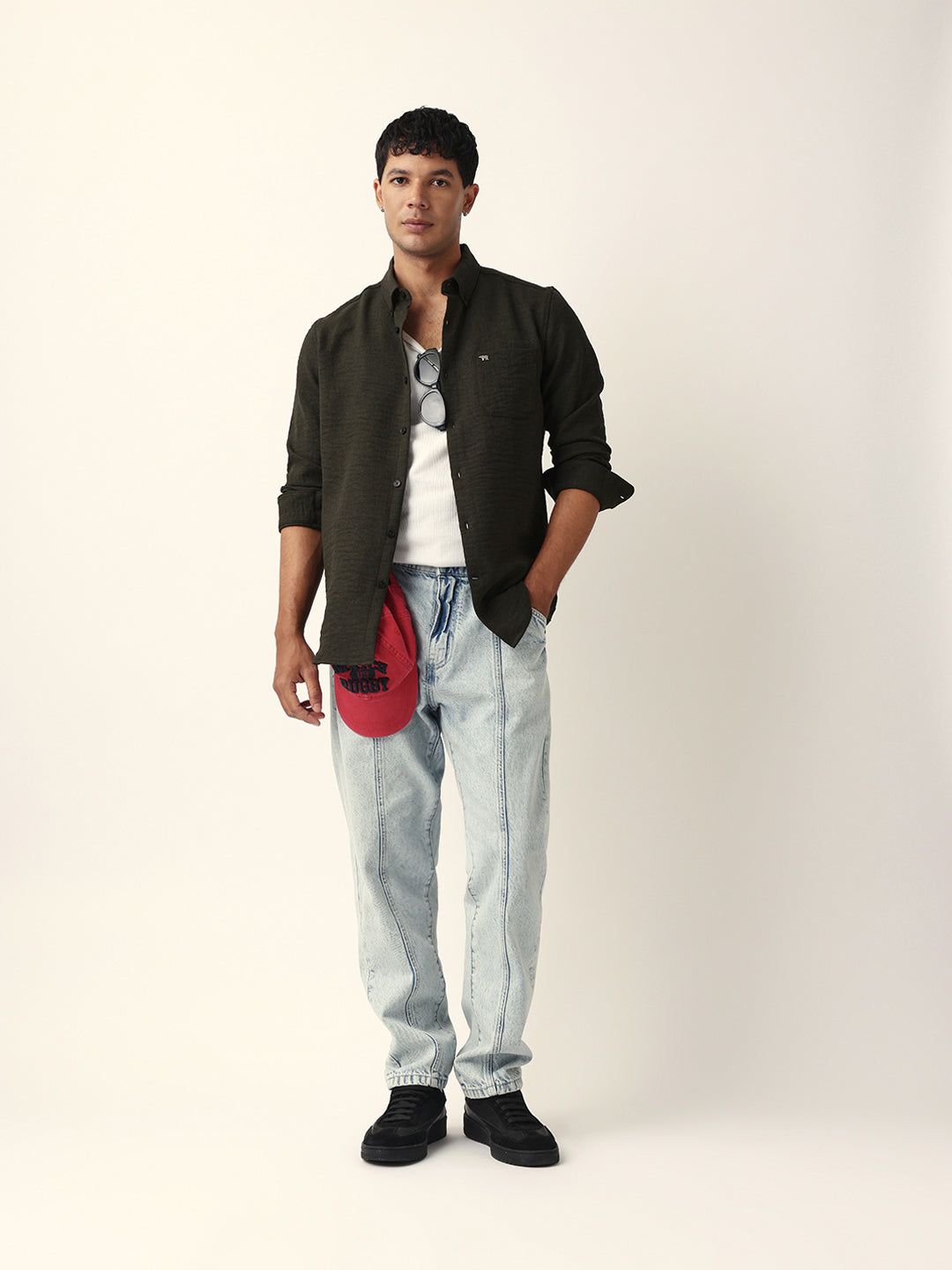 Olive Slim Fit Casual Shirt with Woven Textured Design
