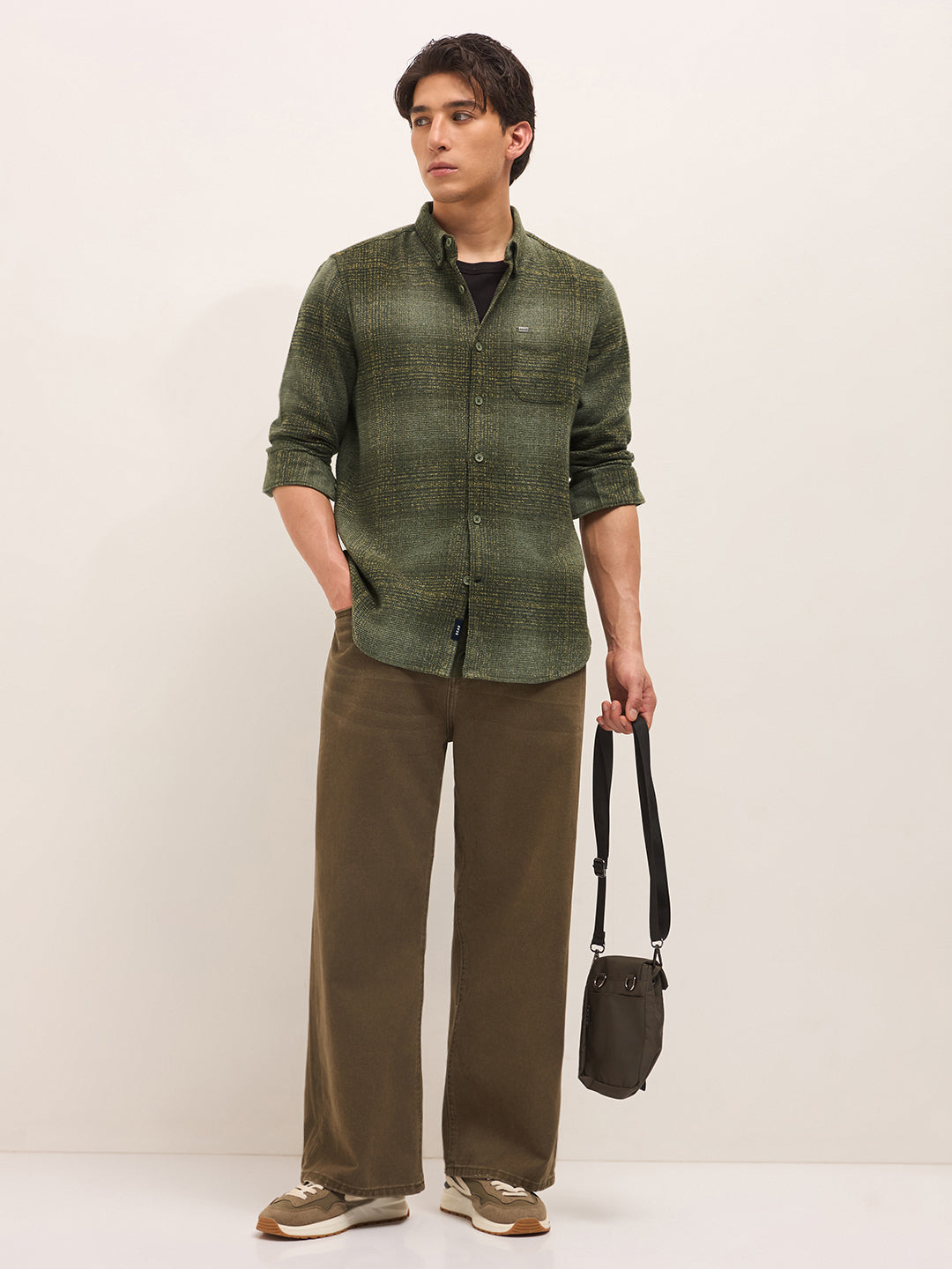 Green Woven Check Flannel Slim Fit Casual Shirt