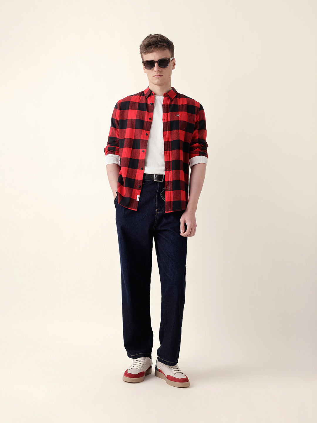 Red & Black Block Checked Slim Fit Casual Shirt