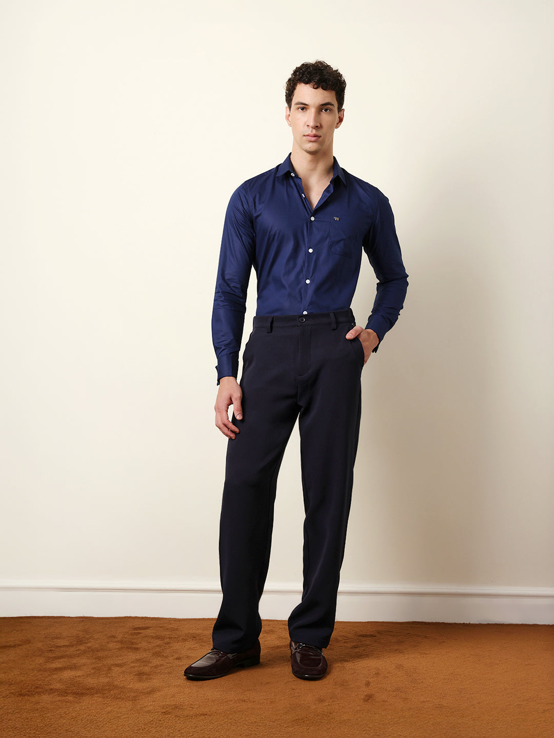 Navy Blue Solid Tailored Fit Formal Shirt with French Cuffs