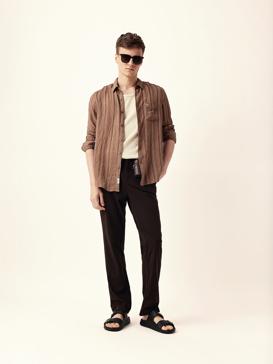 Rust Vertical Seersucker Pinstripe Slim Fit Casual Shirt