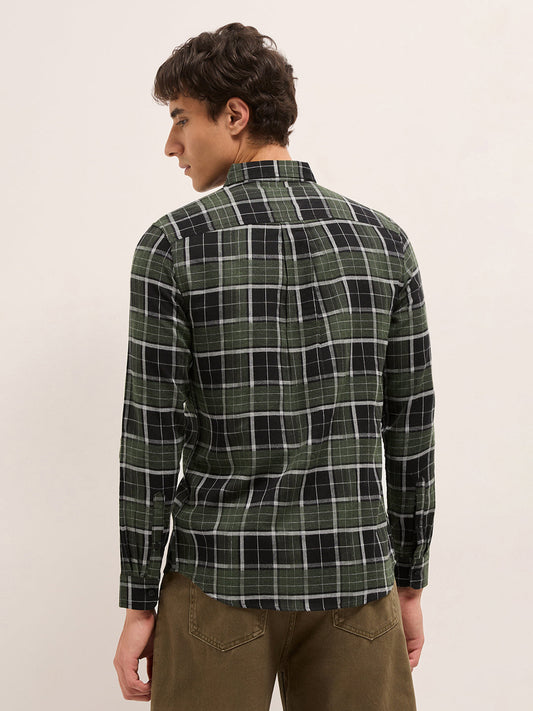 Olive & Black Woven Check Slim Fit Casual Shirt