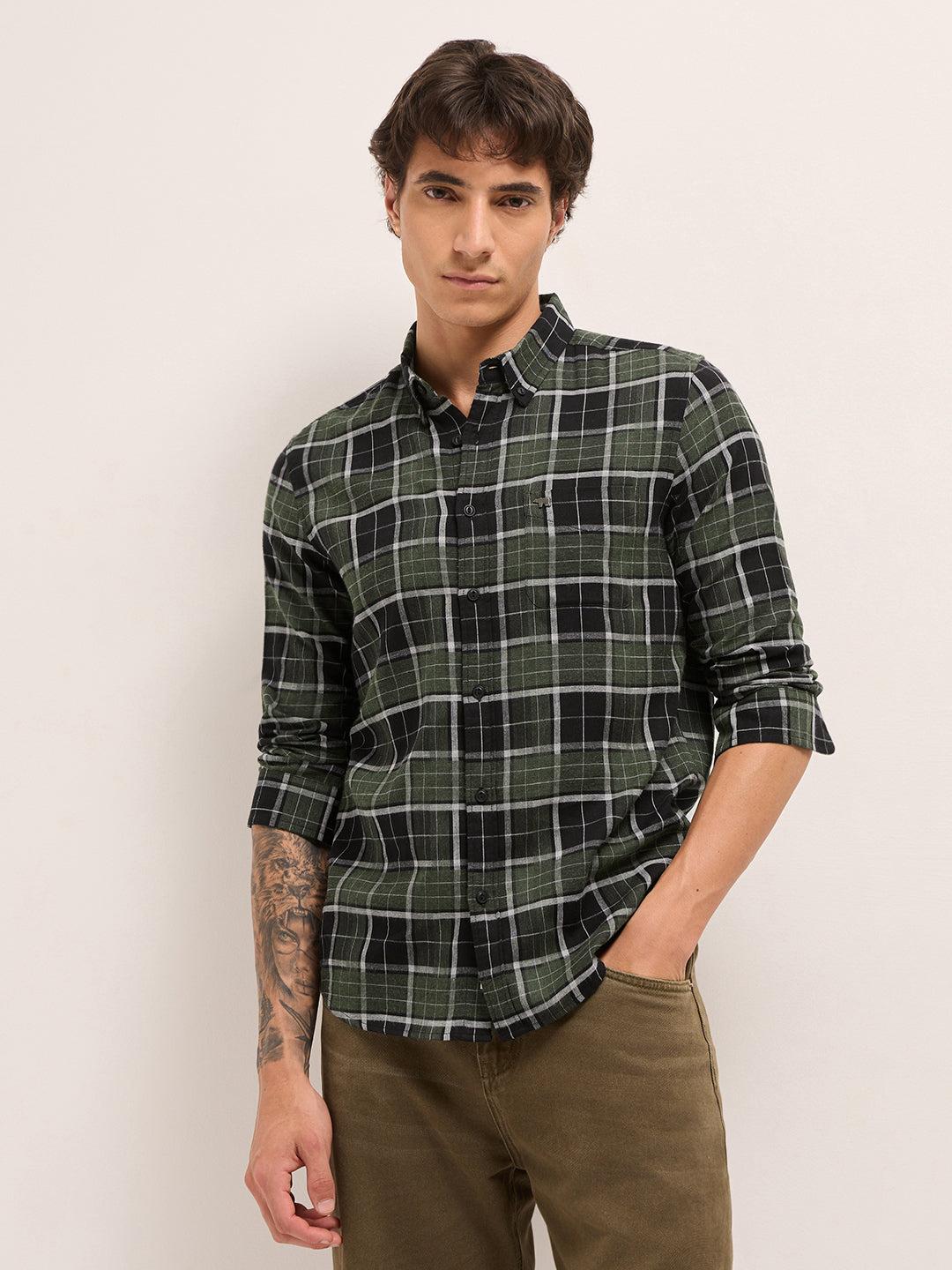 Olive & Black Woven Check Slim Fit Casual Shirt