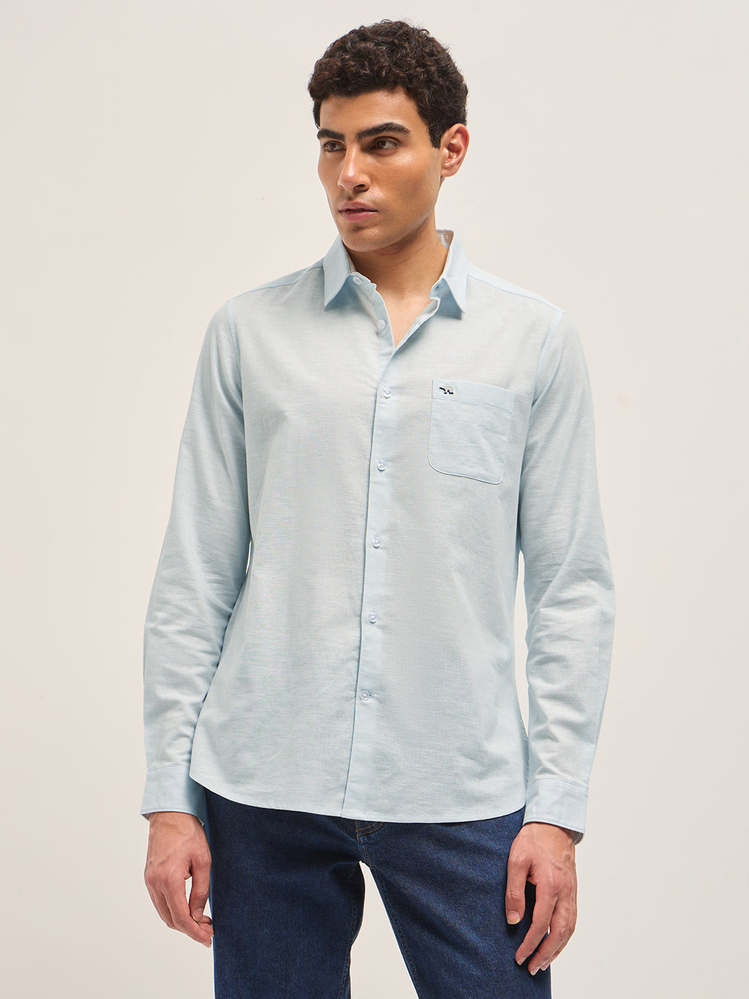 Light Blue Cotton Linen Slim Fit Solid Casual Shirt