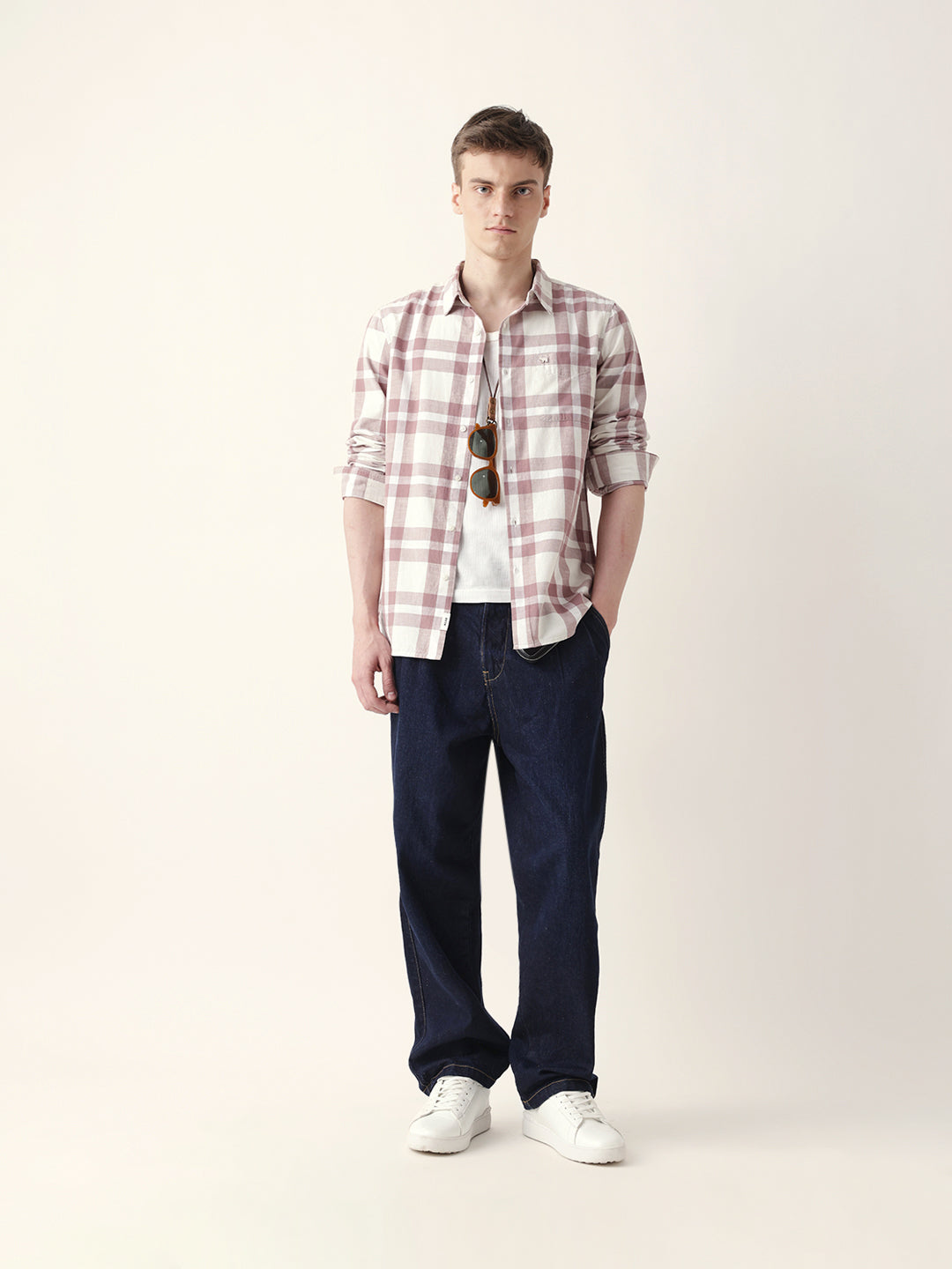 Off white with Pink Woven Tartan Checked Slim Fit Casual Shirt