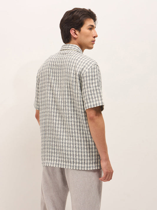 Grey Woven Checked Oversized Fit Casual Shirt with Spread Collar