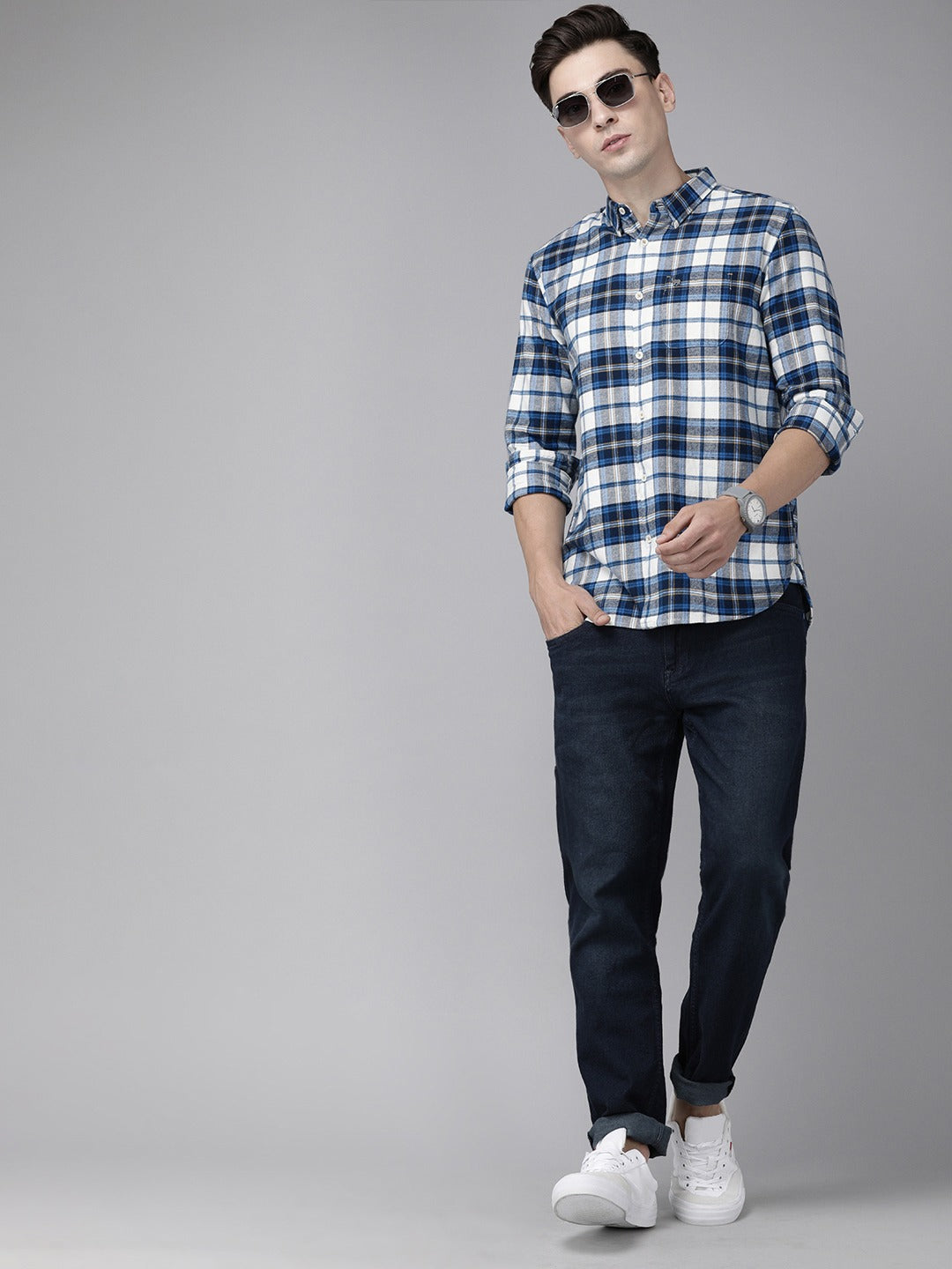 Men Slim Button-down Flannel Shirt