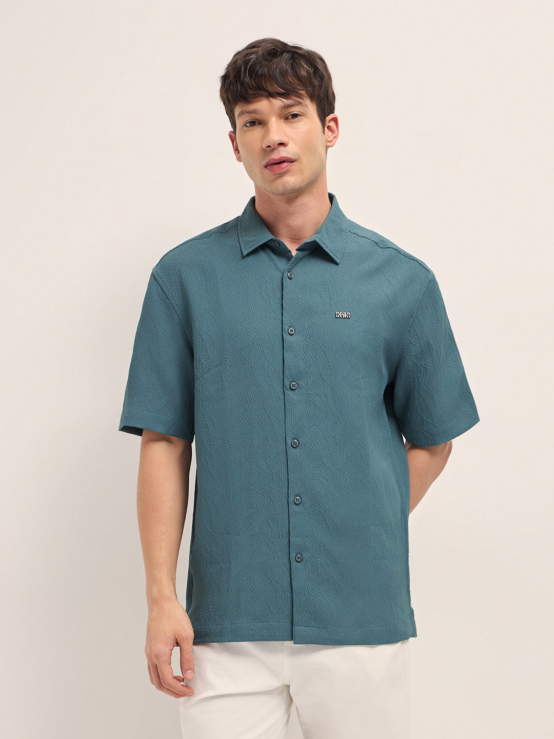 Teal All-Over Textured Leaf Motif Oversized Casual Shirt with Half Sleeves
