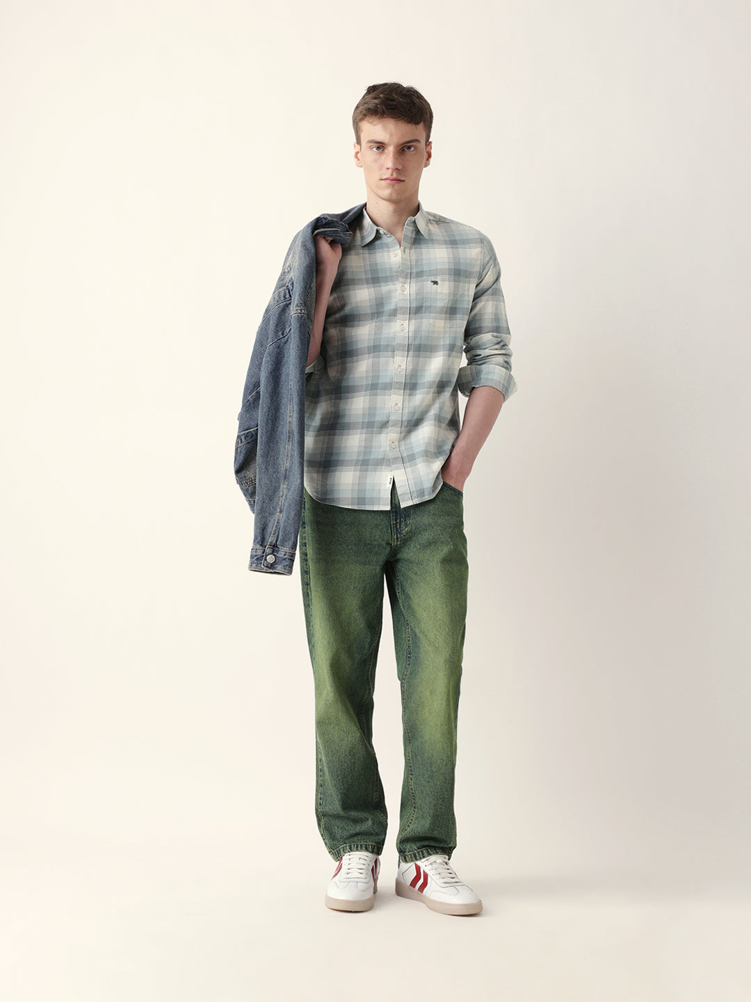 Teal with Cream Woven Checkered Slim Fit Casual Shirt