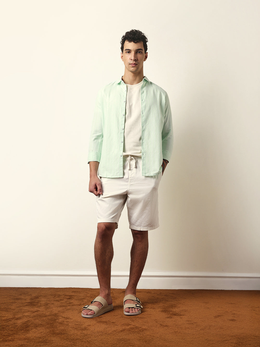 Green Vertical Woven Stripe Slim Fit Casual Shirt