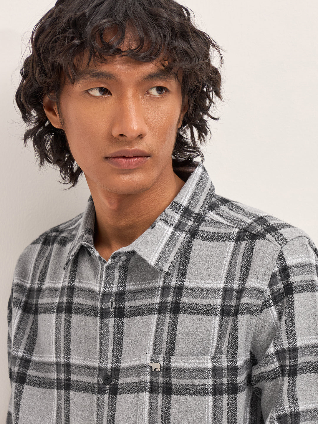 Grey Tartan Checked Flannel Slim Fit Casual Shirt