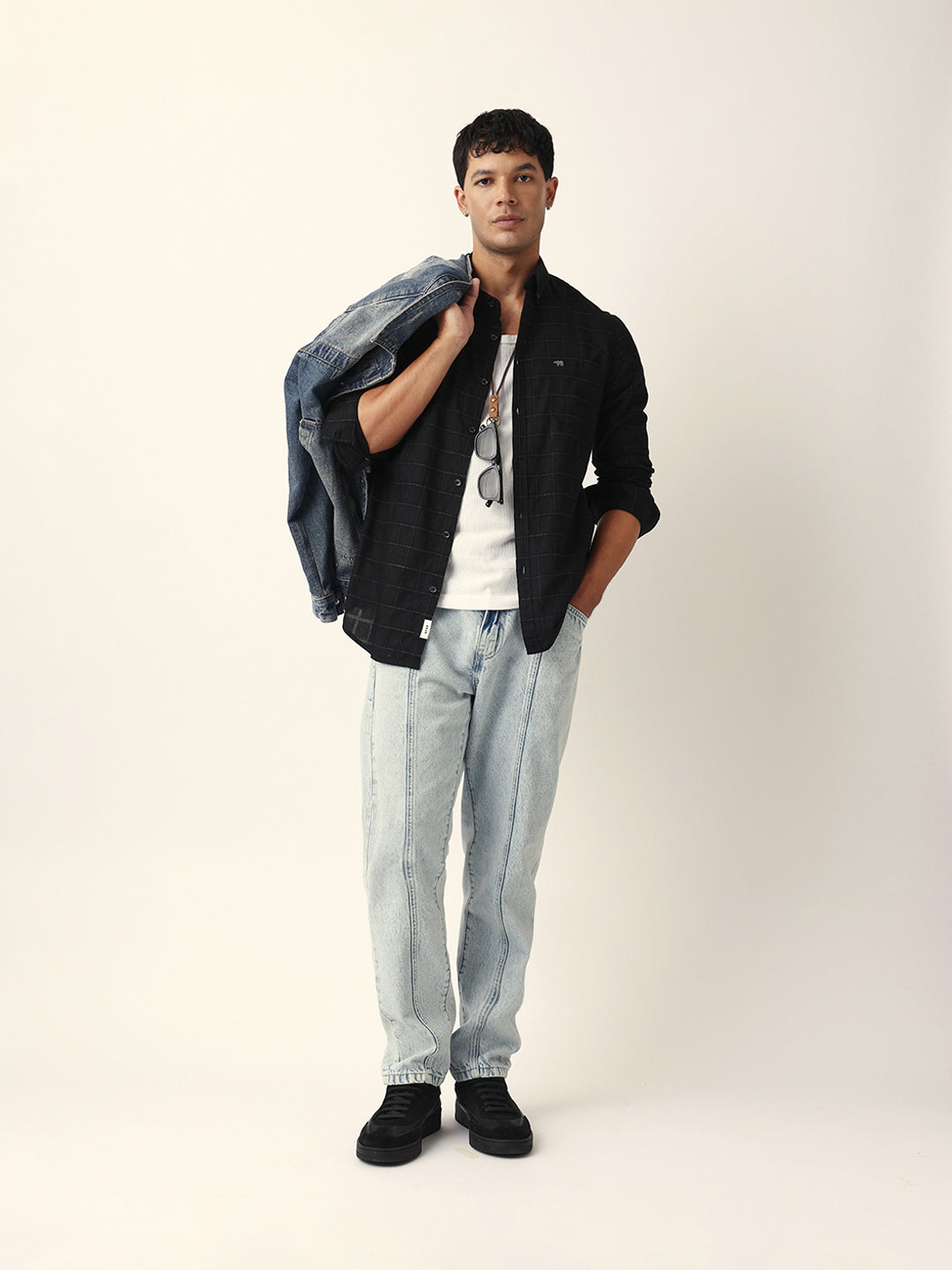 Black Block Woven Check Slim Fit Casual Shirt