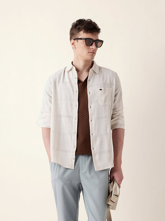 Cream Slim Fit Casual Shirt with Vertical Stripes & Horizontal Texture Design
