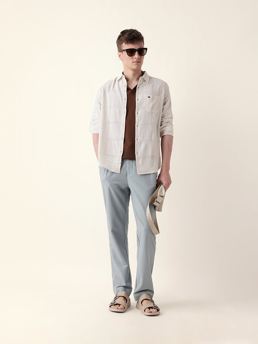 Cream Slim Fit Casual Shirt with Vertical Stripes & Horizontal Texture Design