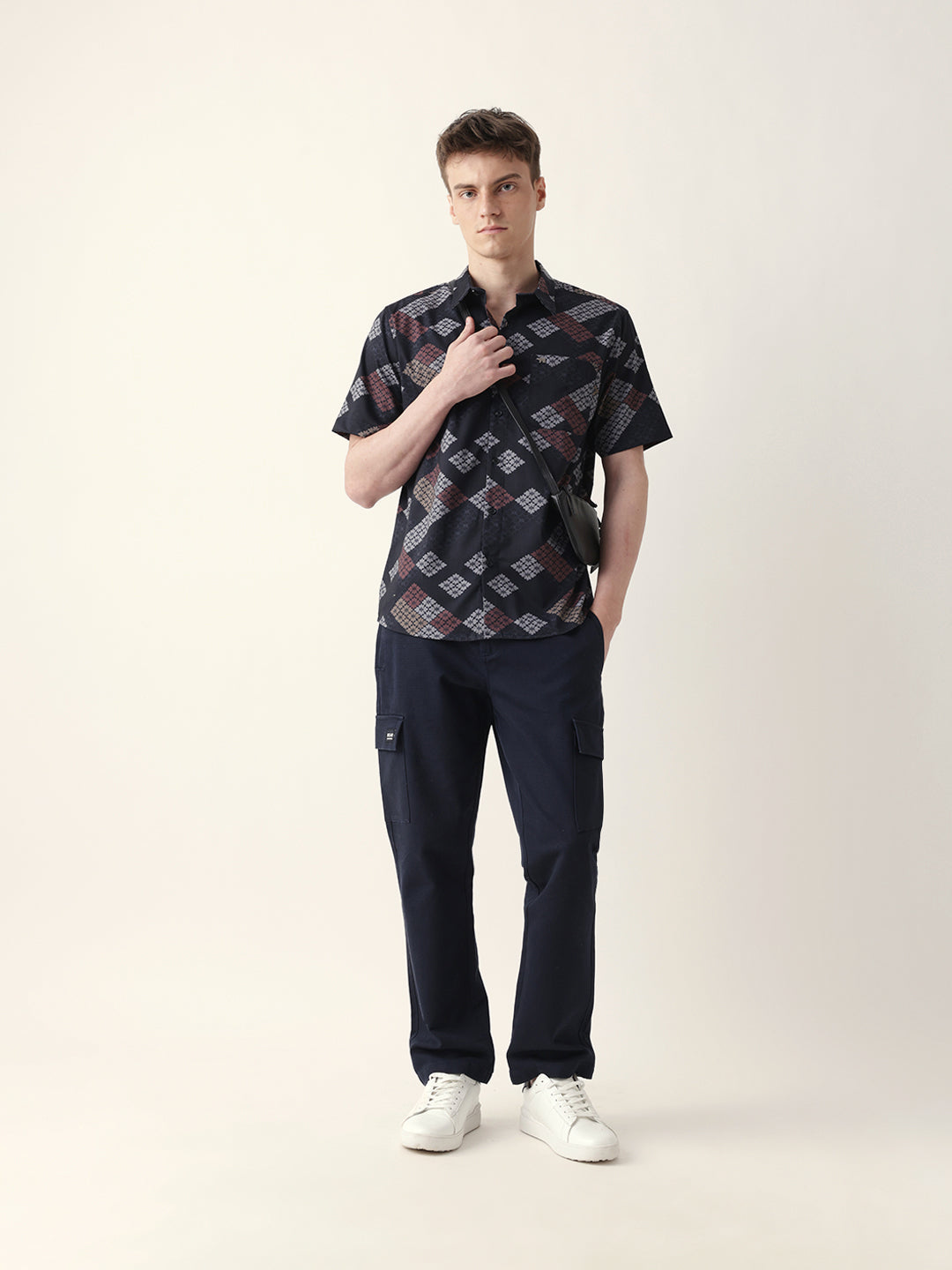 Black Regular Fit Casual Shirt with Geometric Floral Grid Print