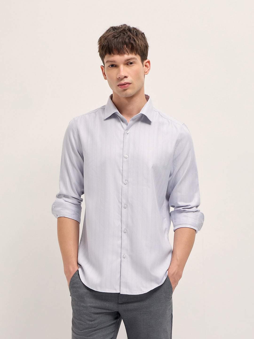 Grey Woven Stripe Pattern Tailored Fit Formal Shirt