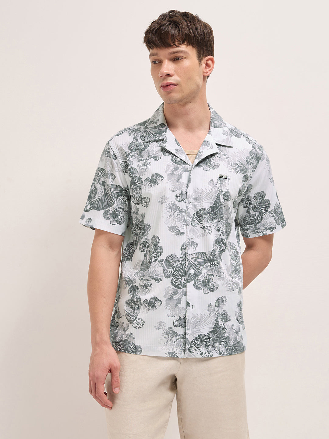 White Tropical Floral Print Relaxed Fit Cuban Collar Shirt
