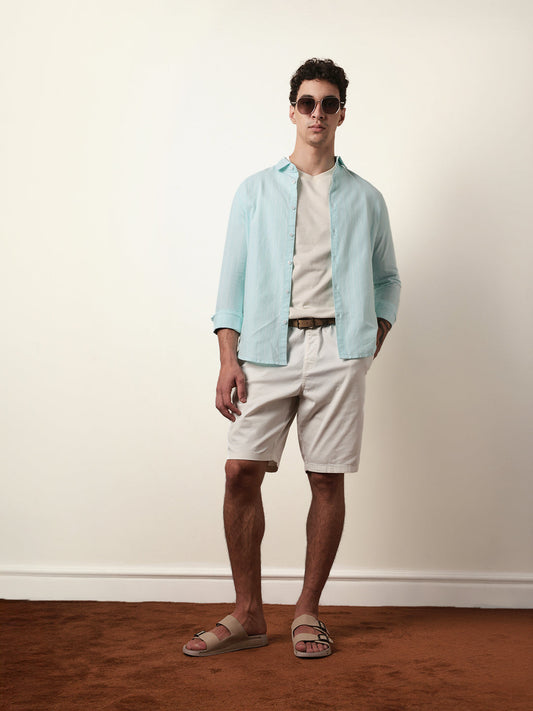 Mint Blue Vertical Woven Stripe Slim Fit Casual Shirt