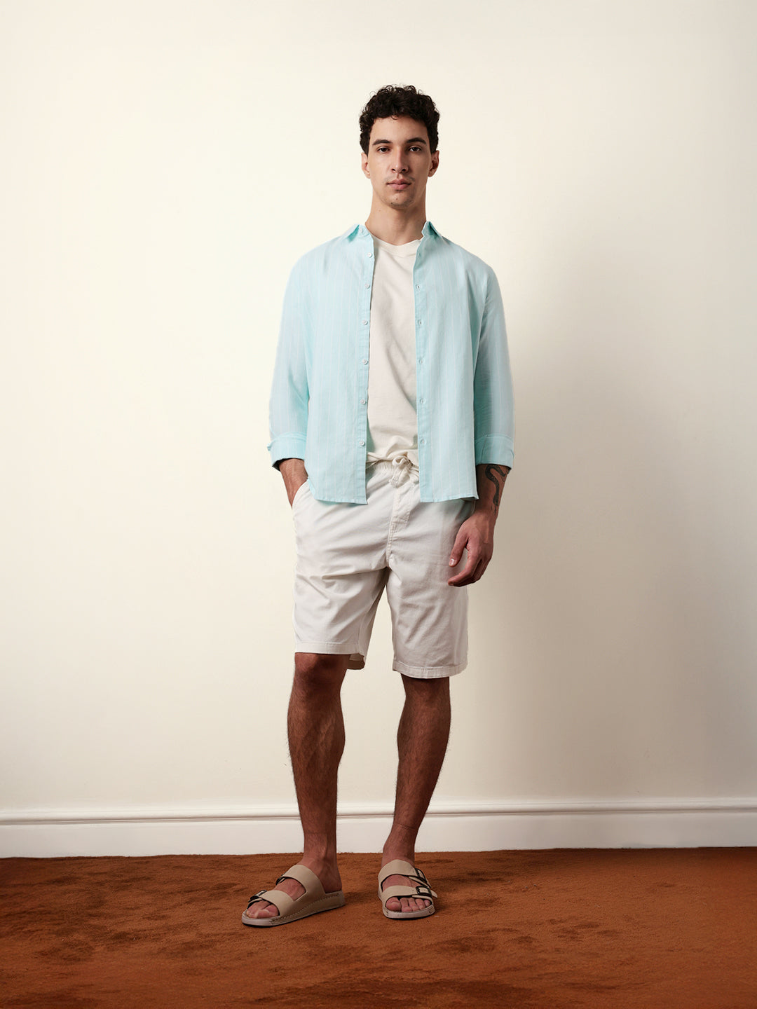 Mint Blue Vertical Woven Stripe Slim Fit Casual Shirt
