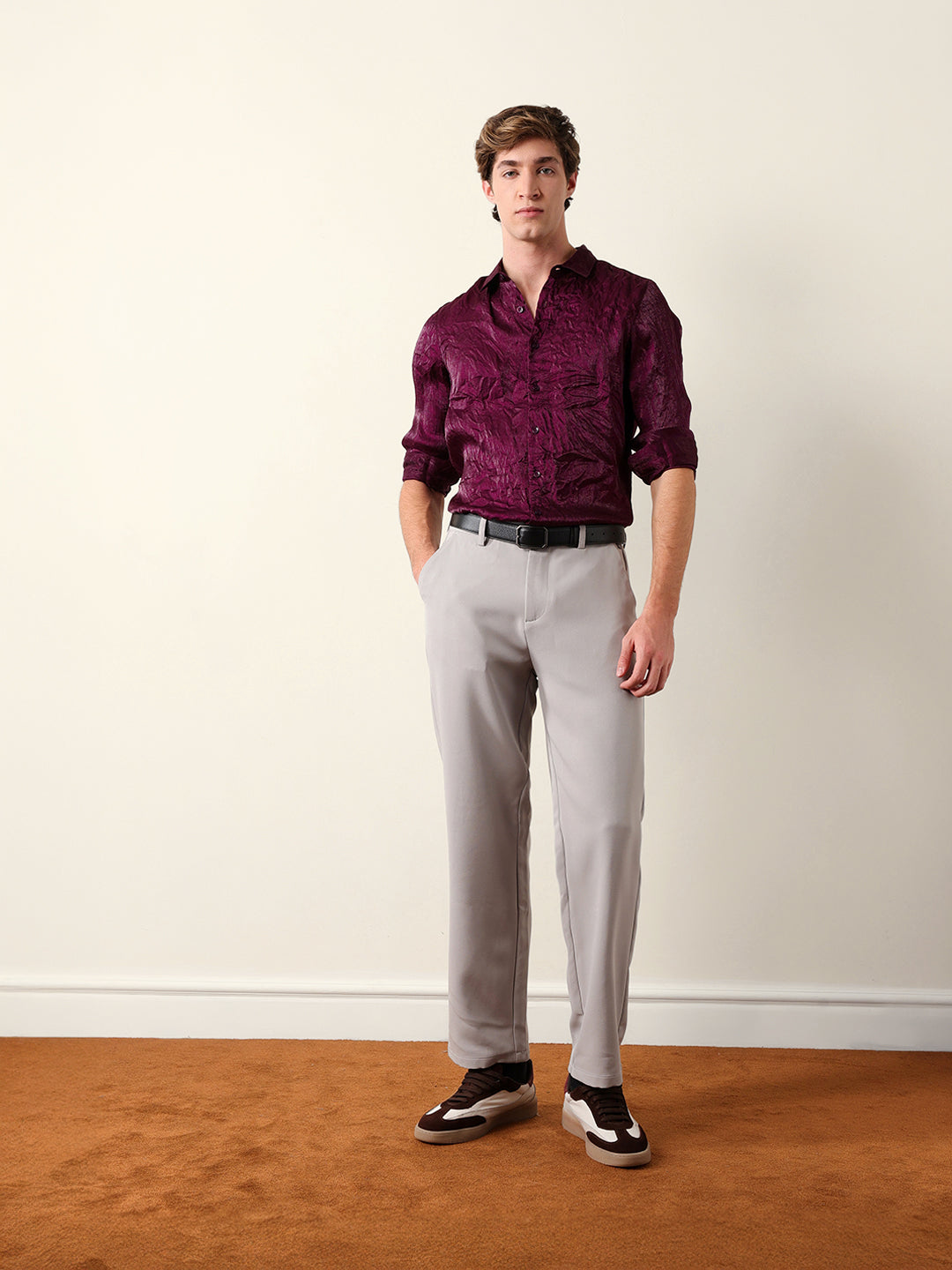 Purple Regular Fit Casual Shirt with Crinkle Effect & Subtle Sheen Finish