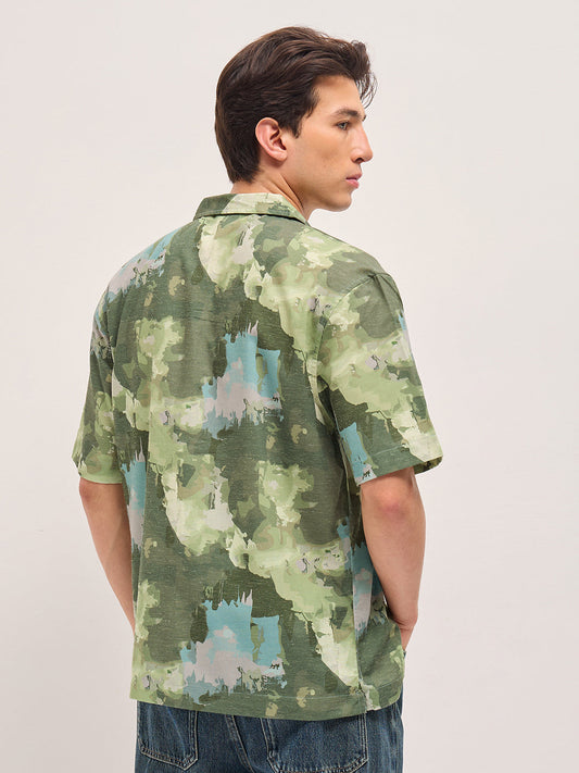 Green Abstract Camouflage Print Oversized Fit Half Sleeve Shirt