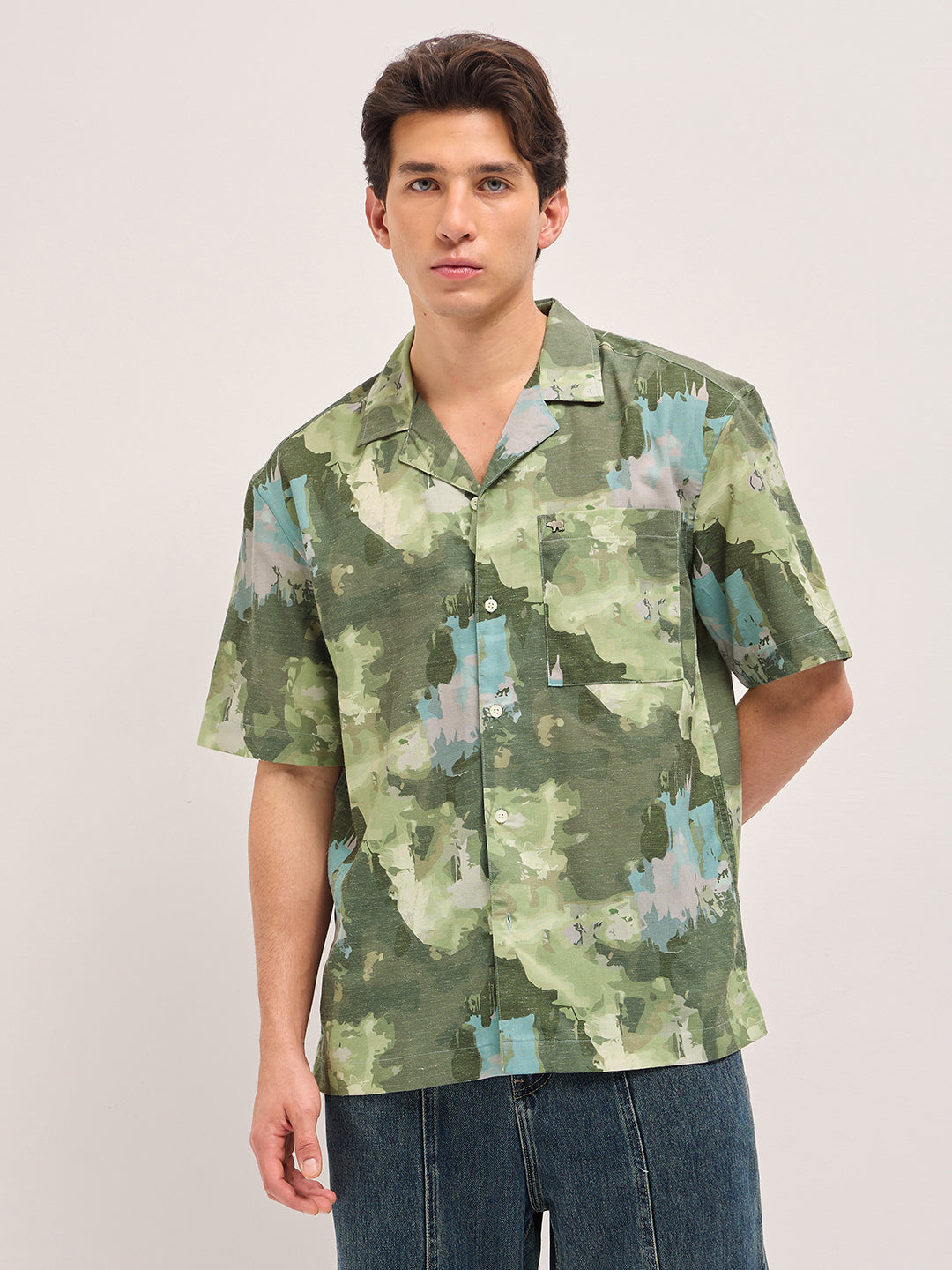 Green Abstract Camouflage Print Oversized Fit Half Sleeve Shirt