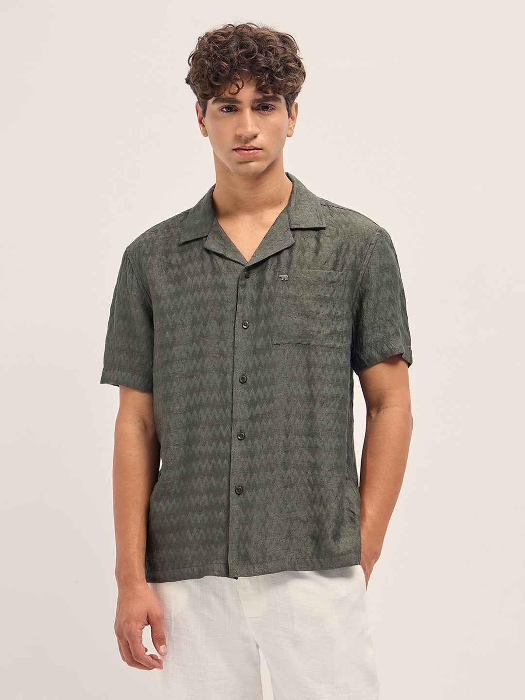 Olive Zigzag Textured Weave Relaxed Fit Half Sleeve Casual Shirt