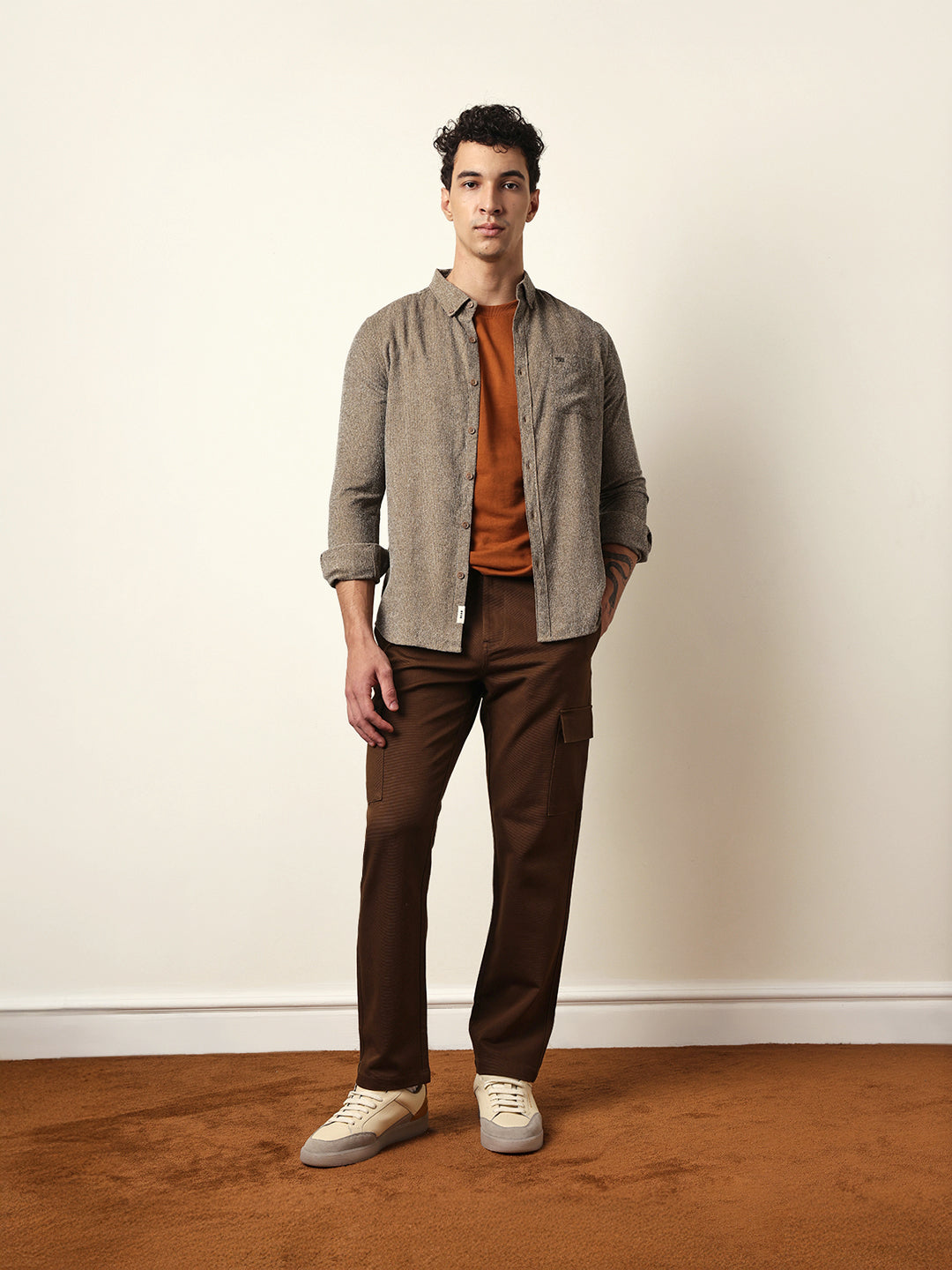 Brown Textured Woven Striped Slim Fit Casual Shirt