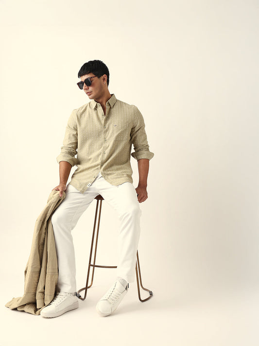 Green Vertical Striped Slim Fit Casual Shirt with Textured Stitch Detailing