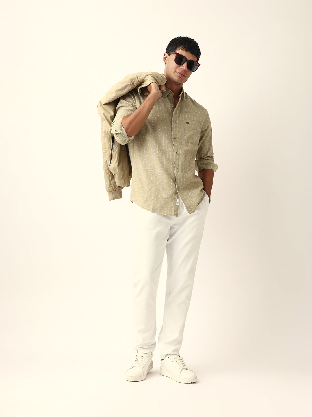 Green Vertical Striped Slim Fit Casual Shirt with Textured Stitch Detailing