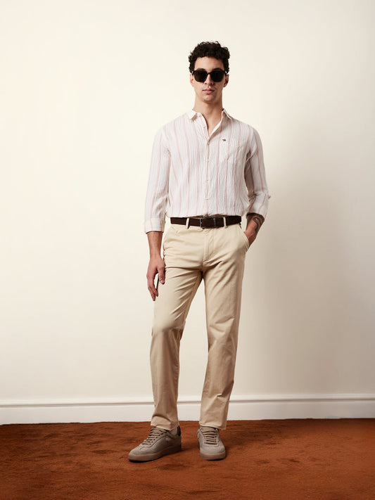 Off white with Pink Vertical Textured Stripe Regular Fit Casual Shirt