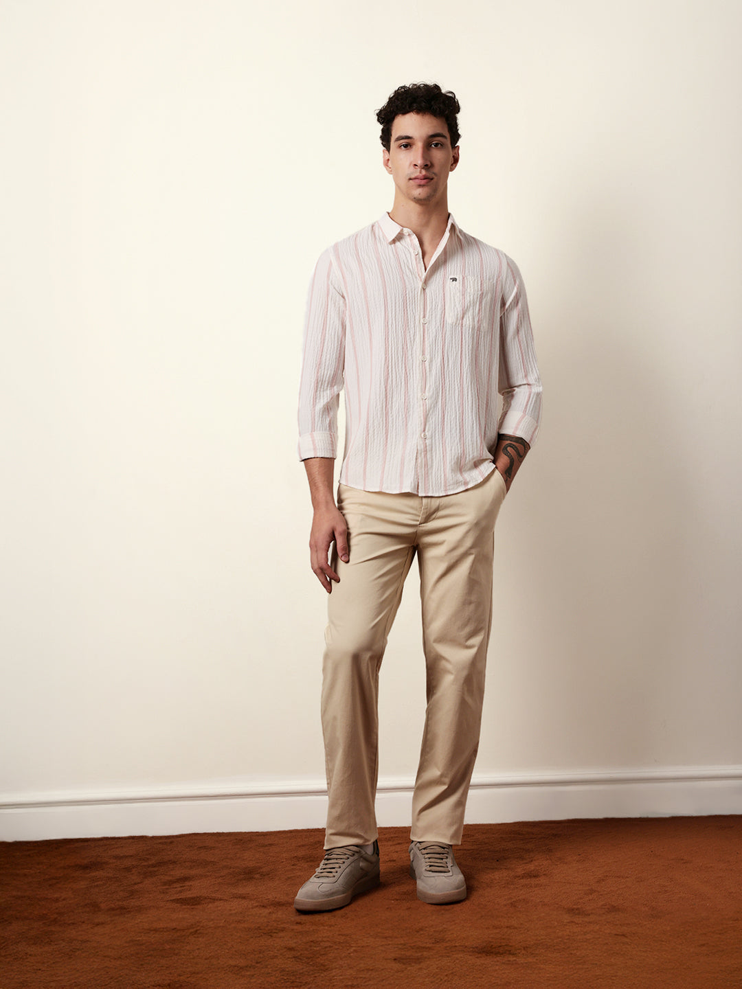 Off white with Pink Vertical Textured Stripe Regular Fit Casual Shirt