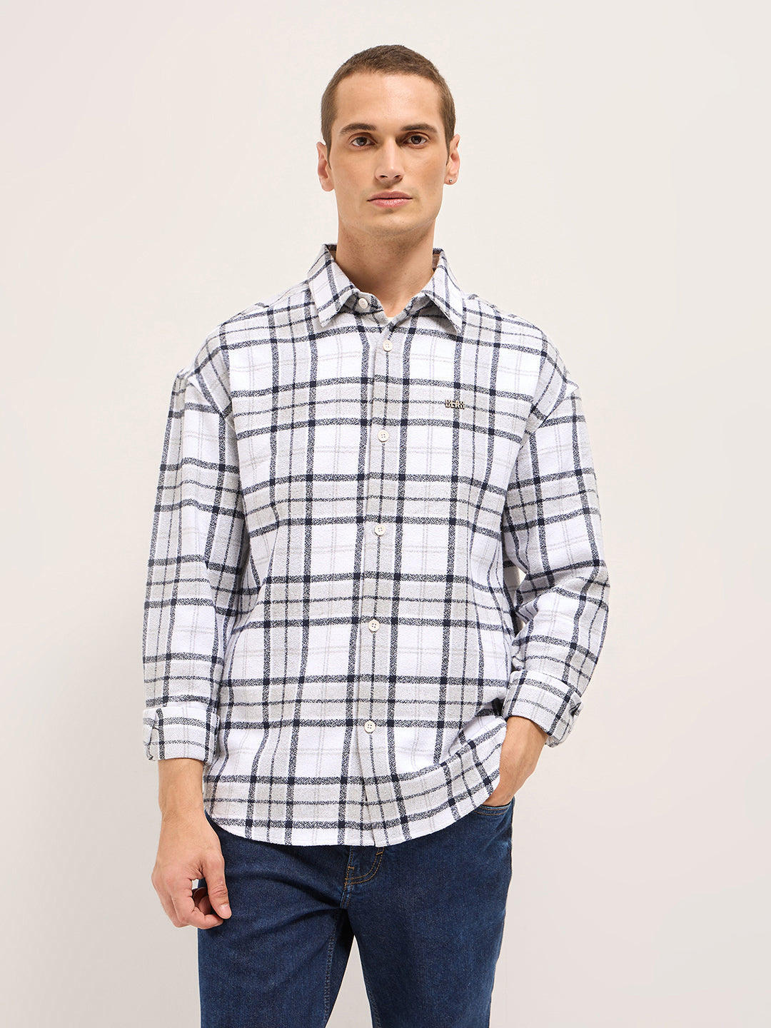 White Tartan Checked Design Relaxed Fit Overshirt