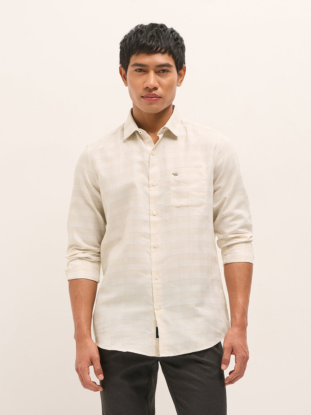 Beige Woven Checked Design Tailored Fit Formal Shirt
