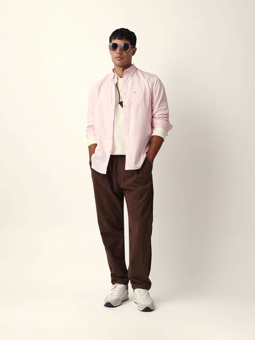 Pink Solid Slim-Fit Casual Shirt with Button-Down Collar