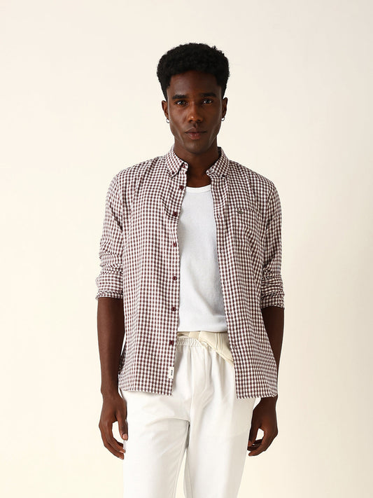 Maroon Woven Micro-Checked Slim Fit Casual Shirt