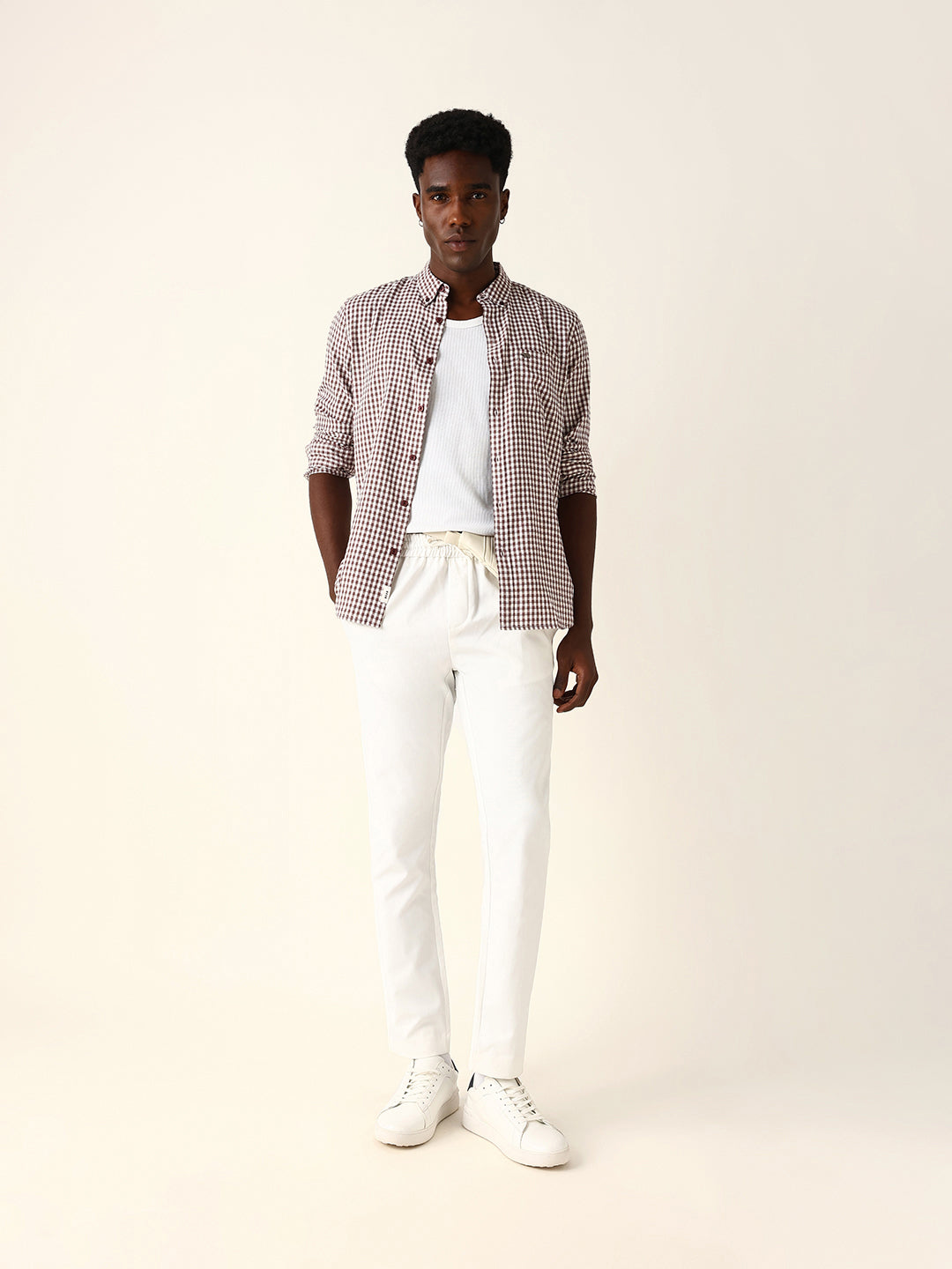 Maroon Woven Micro-Checked Slim Fit Casual Shirt