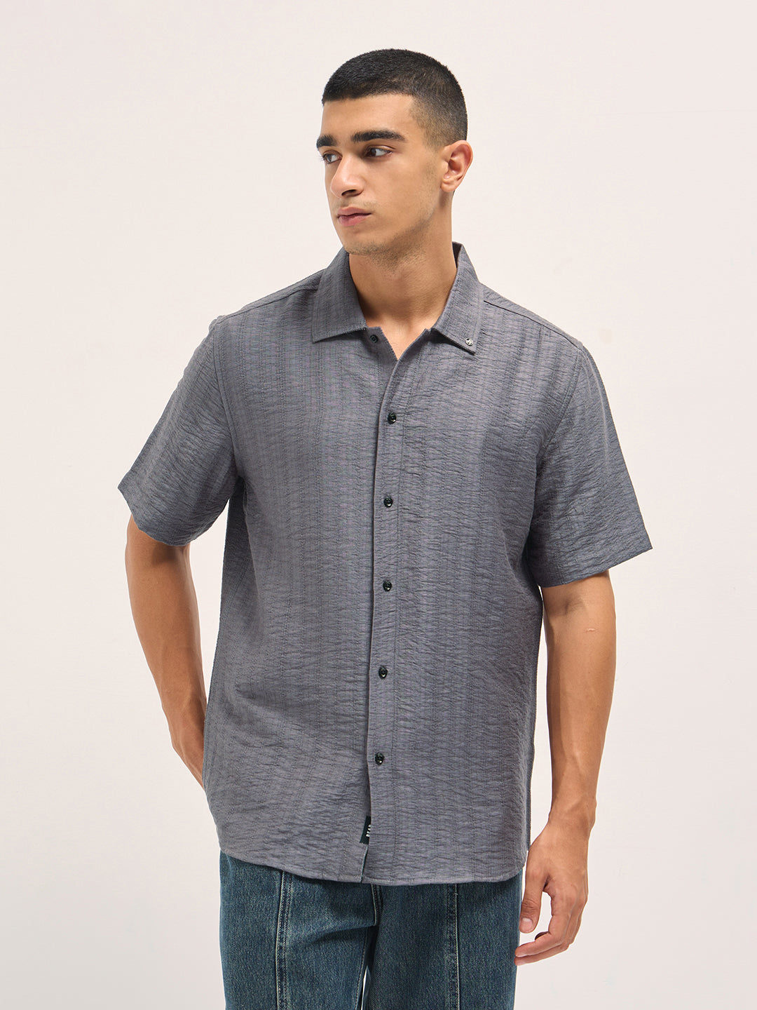 Grey Crinkled Textured Regular Fit Half-Sleeve Casual Shirt