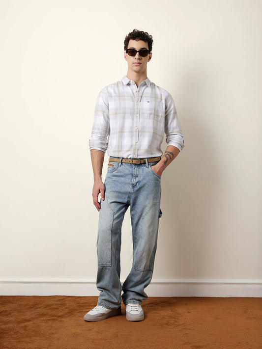 Grey & White Checked Flannel Regular Fit Casual Shirt