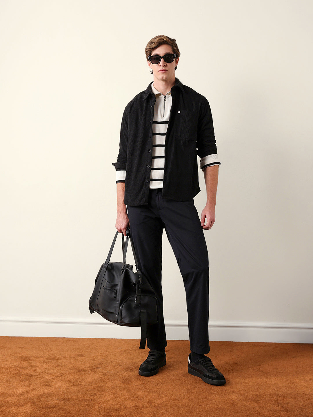 Black Corduroy Relaxed Fit Textured Overshirt