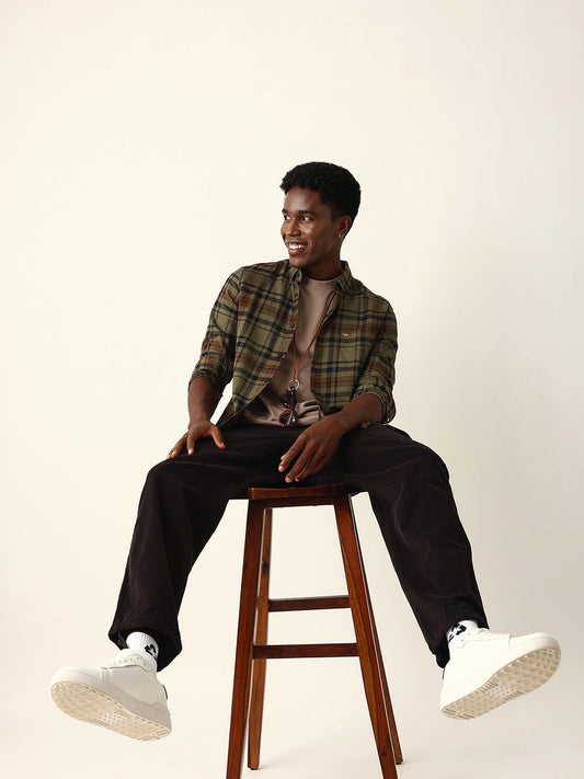Olive Woven Tartan Checked Slim Fit Casual Shirt